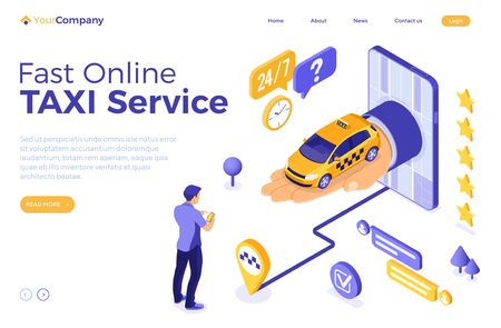 Online internet taxi 24 hour service isometric concept. Hand from phone with taxi car. passenger with smartphone and route pin. landing page template. character icon. isolated vector illustrationのイラスト素材