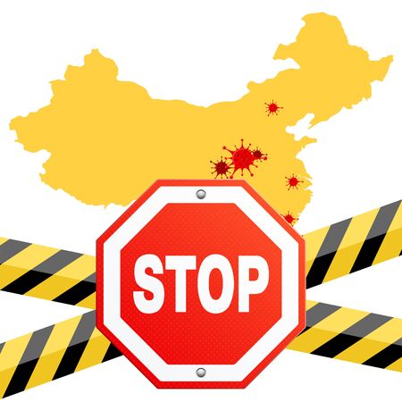 2019-nCoV virus strain with stop sign and guard tape. quarantine from novel coronavirus. pandemic coronavirus outbreak . map of outbreaks in china. isolated vector illustrationのイラスト素材