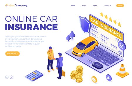 Online Car Insurance Isometric Concept for Web Site, Advertising with Car Insurance Policy on screen laptop, people handshake, money and shield. landing page template. isolated vector illustrationのイラスト素材