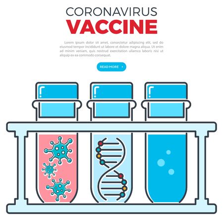 2019-nCoV virus strain with vaccine production process. quarantine from coronavirus. pandemic coronavirus outbreak  . test tubes with DNA, virus and vaccine. isolated vector illustrationのイラスト素材