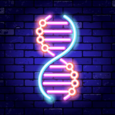 DNA neon signboard. Bright night signboard brick wall sign. Vector illustration with neon iconのイラスト素材
