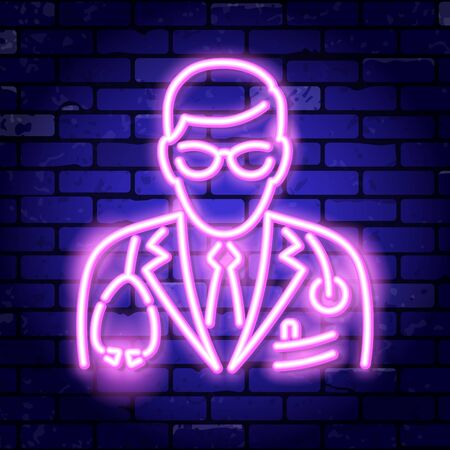 Doctor with stethoscope neon signboard. Bright night signboard brick wall sign. Vector illustration with neon iconのイラスト素材