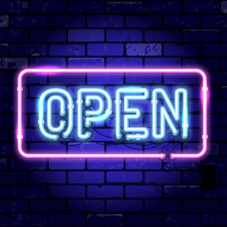 Neon signboard open framed. Bright night signboard on brick wall sign. Vector illustration realistic neon iconのイラスト素材