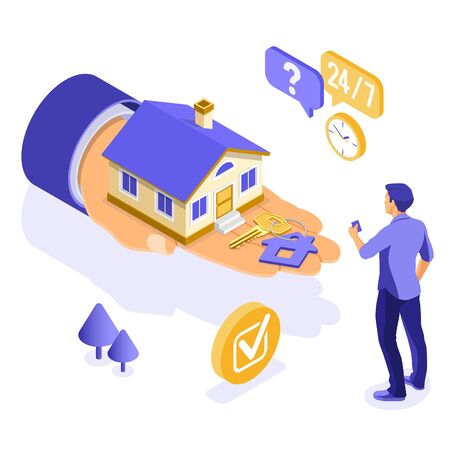Sale, purchase, rent, mortgage house isometric concept for poster, landing, advertising with home on hand, man invests money in real estate, key, 24h support. isolated vector illustrationのイラスト素材