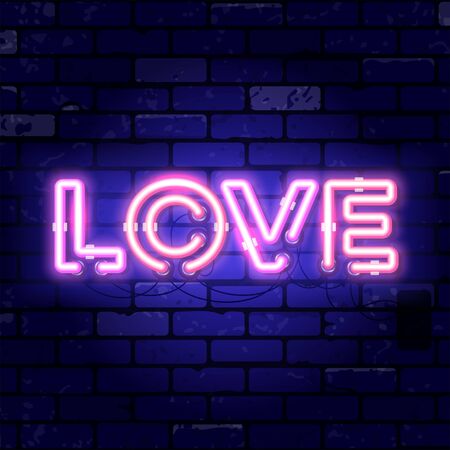 Valentines day neon signboard with love. Bright night signboard on brick wall sign. Vector illustration realistic neon iconのイラスト素材