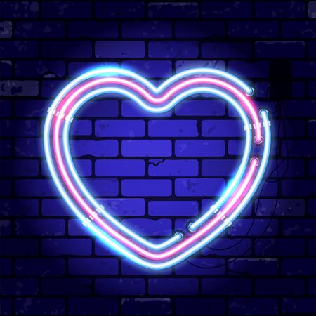 Valentines day neon signboard with heart. Bright night signboard brick wall sign. Vector illustration with realistic neon iconのイラスト素材