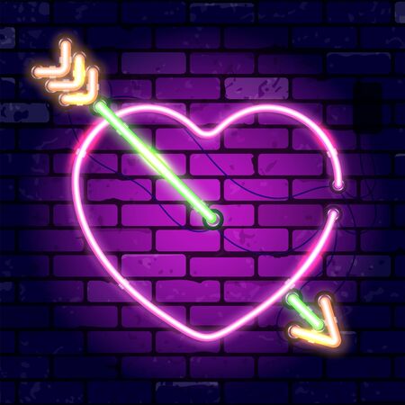 Valentines day neon signboard with heart and arrow. Bright night signboard brick wall sign. Vector illustration with realistic neon iconのイラスト素材