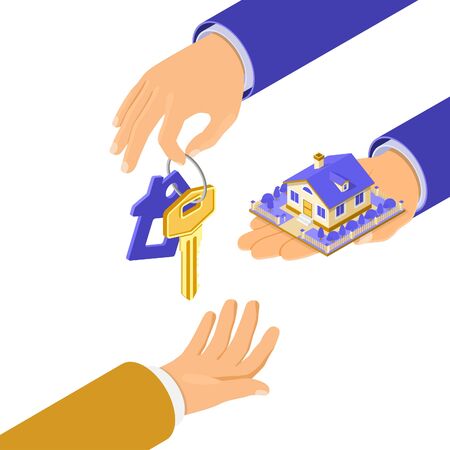 Sale, purchase, rent, mortgage house isometric concept for poster, landing, advertising with home and key on hand, invests money in real estate. isolated vector illustrationのイラスト素材