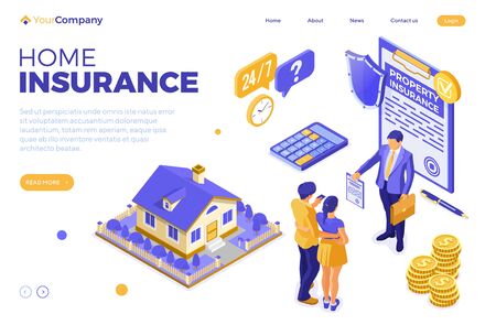 Sale, purchase, rent, mortgage, insurance policy, house isometric concept, banner with home, realtor, insurant, family invests money in real estate. landing page template. isolated vector illustrationのイラスト素材