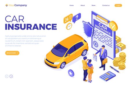 Car Insurance Isometric Concept for Poster, banner, Advertising with Car Insurance Policy, calculator, family, money and shield. landing page template. isolated vector illustrationのイラスト素材