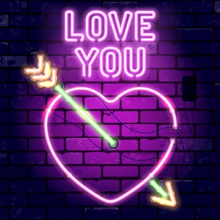 Valentines day neon signboard with heart, arrow and Love you. Bright night signboard brick wall sign. Vector illustration with realistic neon iconのイラスト素材