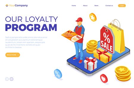 Gift Card and customer loyalty programs as part of return marketing. returns, interest, points, bonuses. online support on smartphone gives gift card from loyalty program landing page isometric vectorのイラスト素材