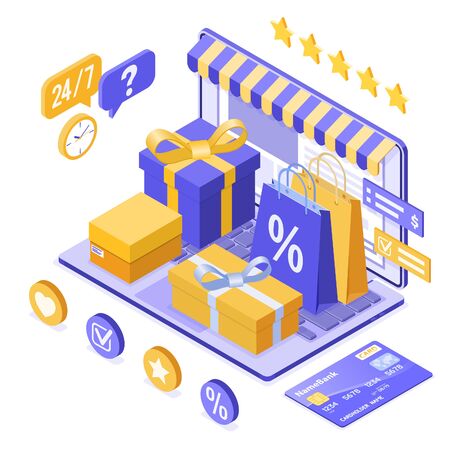Isometric online shopping, delivery, logistics concept. laptop with bag online delivery goods, gift, credit card. 24h internet shopping at home. isolated vector illustrationのイラスト素材