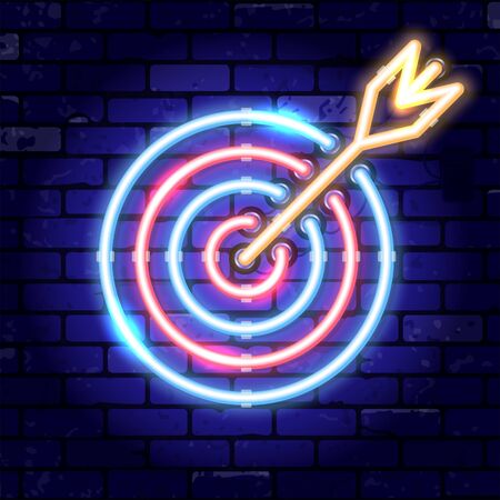 Neon signboard arrow target. concept goal, success. Bright night signboard on brick wall sign. Vector illustration realistic neon iconのイラスト素材