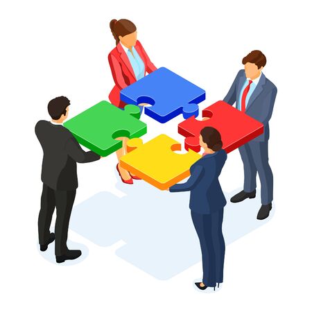 Teamwork business mans and womans. partnership collaboration. puzzles infographics. B2B hero images. isometric isolated vectorのイラスト素材