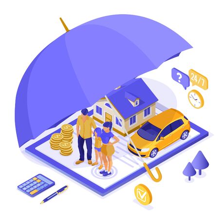 Property, House, Car, Family Insurance Isometric Concept for Poster, Web Site, Advertising with Insurance Policy on clipboard, money, umbrella and calculator. isolated vector illustrationのイラスト素材