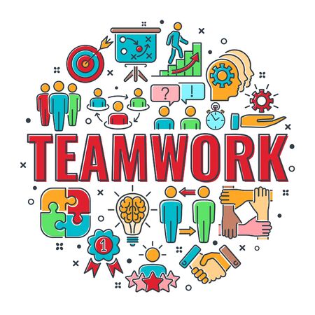 Teamwork or collaboration banner with colored line icons team, goal, inspiration and career. typography infographics concept team work. isolated vector illustrationのイラスト素材