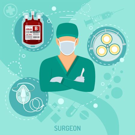 Medical square banner doctor surgeon with flat icons scalpel, operating room light and blood container. vector illustrationのイラスト素材