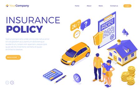 Property, House, Car, Family Insurance Isometric Concept for Poster, Web Site, Advertising with Insurance Policy on clipboard, money and shield. landing page template. isolated vector illustrationのイラスト素材