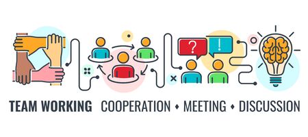 Teamwork or cooperation meeting horizontal banner with colored line icons team, handshake, brain and conference. team work process infographics. isolated vector illustrationのイラスト素材