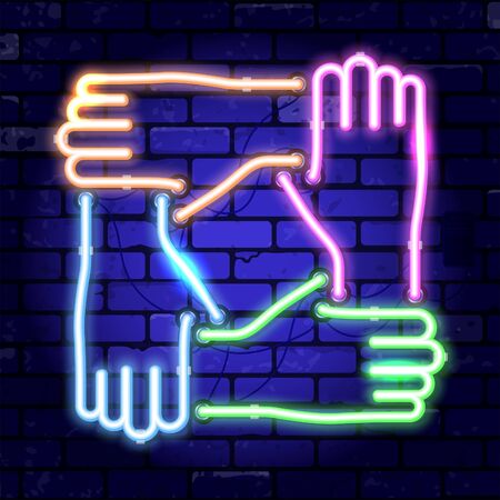 Neon signboard joined hands together. teamwork, collaboration or friendship. Bright night signboard on brick wall sign. Vector illustration realistic neon iconのイラスト素材