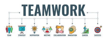 Teamwork or collaboration horizontal banner with colored line icons team, goal, inspiration and career. typography infographics concept team work. isolated vector illustrationのイラスト素材