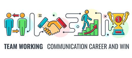 Teamwork or communication career horizontal banner with colored line icons team, handshake, career and award. team work process infographics. isolated vector illustrationのイラスト素材
