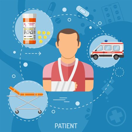 Medical square banner patient with flat icons ambulance, stretcher, pills and fracture. vector illustrationのイラスト素材