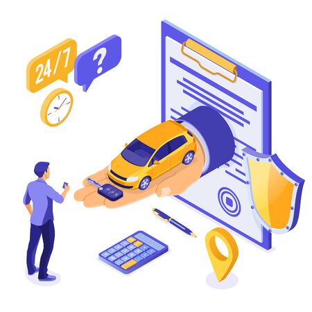 Sale, purchase, rent car isometric concept for landing, advertising with car on hand, man with credit card, key, 24h support. Auto rental, carpool, carsharing, insurance. isolated vector illustrationのイラスト素材