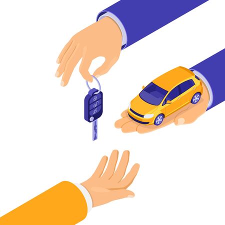 Sale, purchase, rent car isometric concept for landing, advertising with hands hold car and key. Auto rental, carpool, carsharing for city trips. isolated vector illustrationのイラスト素材