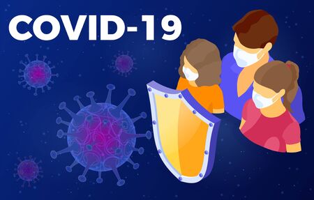 2019-nCoV virus strain with shield protect family in masks. quarantine from novel coronavirus. pandemic covid-19 coronavirus outbreak  isolated vector illustrationのイラスト素材