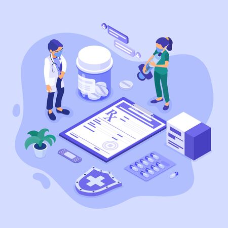 isometric medical diagnostics and doctors workplace with icons prescriptions tablets nurse in mask with syringe isolated illustrationのイラスト素材