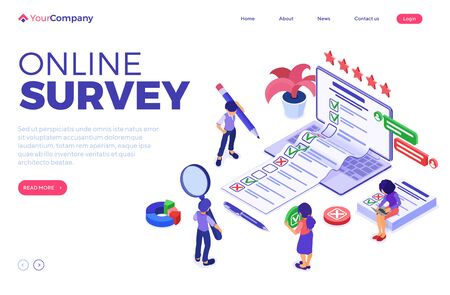 Online survey banner with isometric characters. feedback online chat. questionnaire form from laptop. survey research. landing page template. isometric vector illustrationのイラスト素材