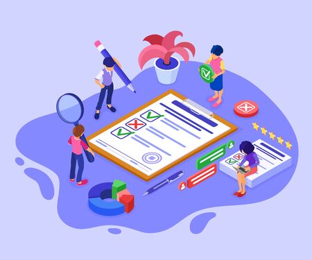 Survey or test banner with isometric characters. feedback online chat. questionnaire form on clipboard. survey research. isometric vector illustrationのイラスト素材