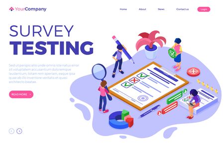 Survey or test banner with isometric characters. feedback online chat. questionnaire form on clipboard. survey research. landing page template. isometric vector illustrationのイラスト素材