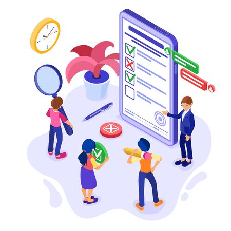 Online survey banner with isometric characters. feedback online chat. questionnaire form from phone. survey research. isometric vector illustrationのイラスト素材
