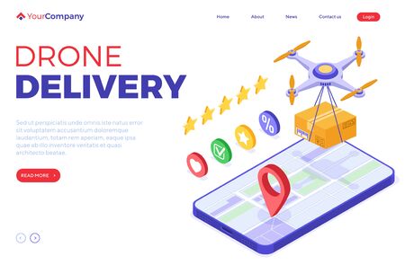 Drone delivery fast and free online order and package service. fast package shipping. isometric drone shipping. tracking online order on map with phone. isolated isometric vector illustrationのイラスト素材
