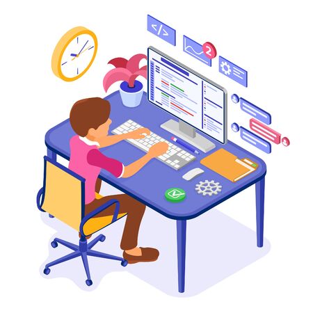 software engineer developing program. man sits at computer table and programs. developer creating program for online chat website. banner with isometric characters. isolated vector illustrationのイラスト素材