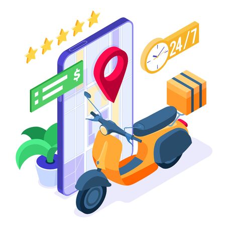 fast and free online food order and package delivery service. fast food shipping. isometric scooter. delivery with moped. rating and tracking online order on phone. isometric vector illustrationのイラスト素材