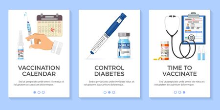 Vaccination diabetes vertical banners with syringe, insulin pen syringe, insulin bottle, vial vaccine, patient medical card. vaccination calendar. flat style icon. vector illustrationのイラスト素材