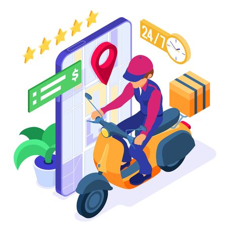 fast online food order and package delivery service. fast food shipping isometric courier with package and scooter. delivery man with moped. online order with 24h support isometric vector illustrationのイラスト素材