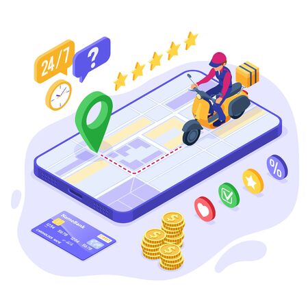 fast and free online food order and package delivery service. fast food shipping. isometric courier on scooter. delivery man on moped. tracking online order on phone. isometric vector illustrationのイラスト素材