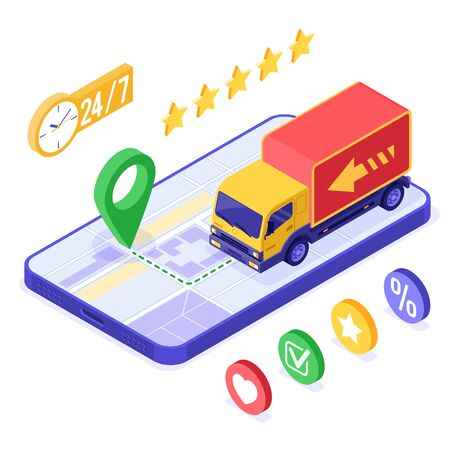 fast and free online food order and package delivery service. fast package shipping. isometric truck shipping. tracking online order on phone. isometric vector illustrationのイラスト素材
