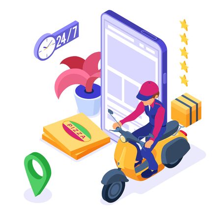 fast online food order and package delivery service. fast food shipping. isometric courier with pizza and scooter. delivery man with moped. tracking online order on phone isometric vector illustrationのイラスト素材