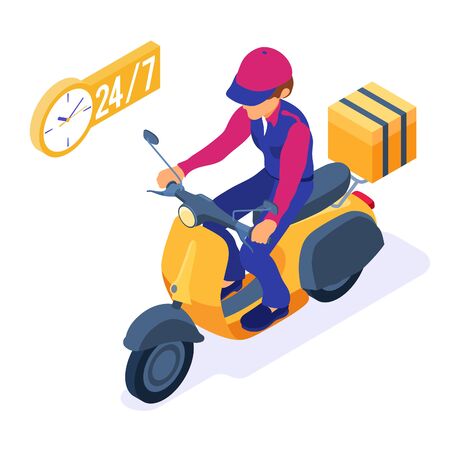 fast online food order and package delivery service. fast food shipping isometric courier with package and scooter. delivery man with moped. online order with 24h support isometric vector illustrationのイラスト素材