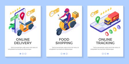 fast and free online food order and package delivery service fast food shipping isometric scooter delivery with moped and truck rating and tracking online order on phone isometric vector illustrationのイラスト素材