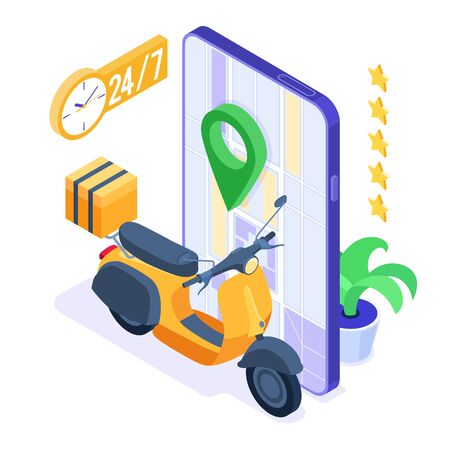 fast and free online food order and package delivery service. fast food shipping. isometric scooter. delivery with moped. rating and tracking online order on phone. isometric vector illustrationのイラスト素材