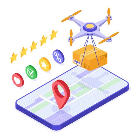 Drone delivery fast and free online order and package service. fast package shipping. isometric drone shipping. tracking online order on map with phone. isolated isometric vector illustrationのイラスト素材