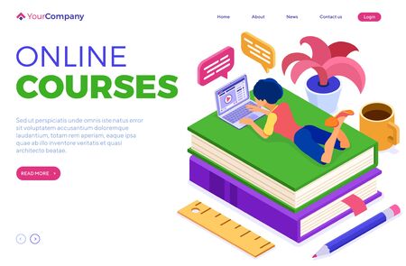 Online education courses or distance exam internet course e-learning from home girl online studying on book and laptop isometric education landing page isolated vector illustrationのイラスト素材