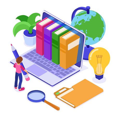 Online education or distance exam with isometric character internet course e-learning from home boy online studying on laptop with book library isometric education concept isolated vector illustrationのイラスト素材